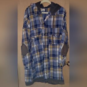 Three Bird NEST Long Blue and Yellow Plaid Hooded Jacket XL
